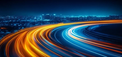 Abstract tech background showcasing digital particles explosion, quantum core, computing network system, AI, and global data connections with blurred bright light tone and caption space on the side